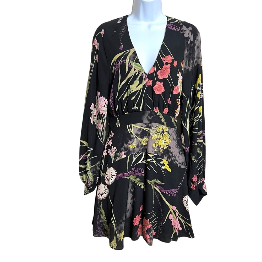 Reiss Kiera Dark Floral Mini Dress 2 NWT Black Chiffon Boho Balloon Sleeve Flowy